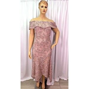 Xscape 18W Taupe Off Shoulder Lace Sequin Gown Formal Evening Wedding Dress NWT